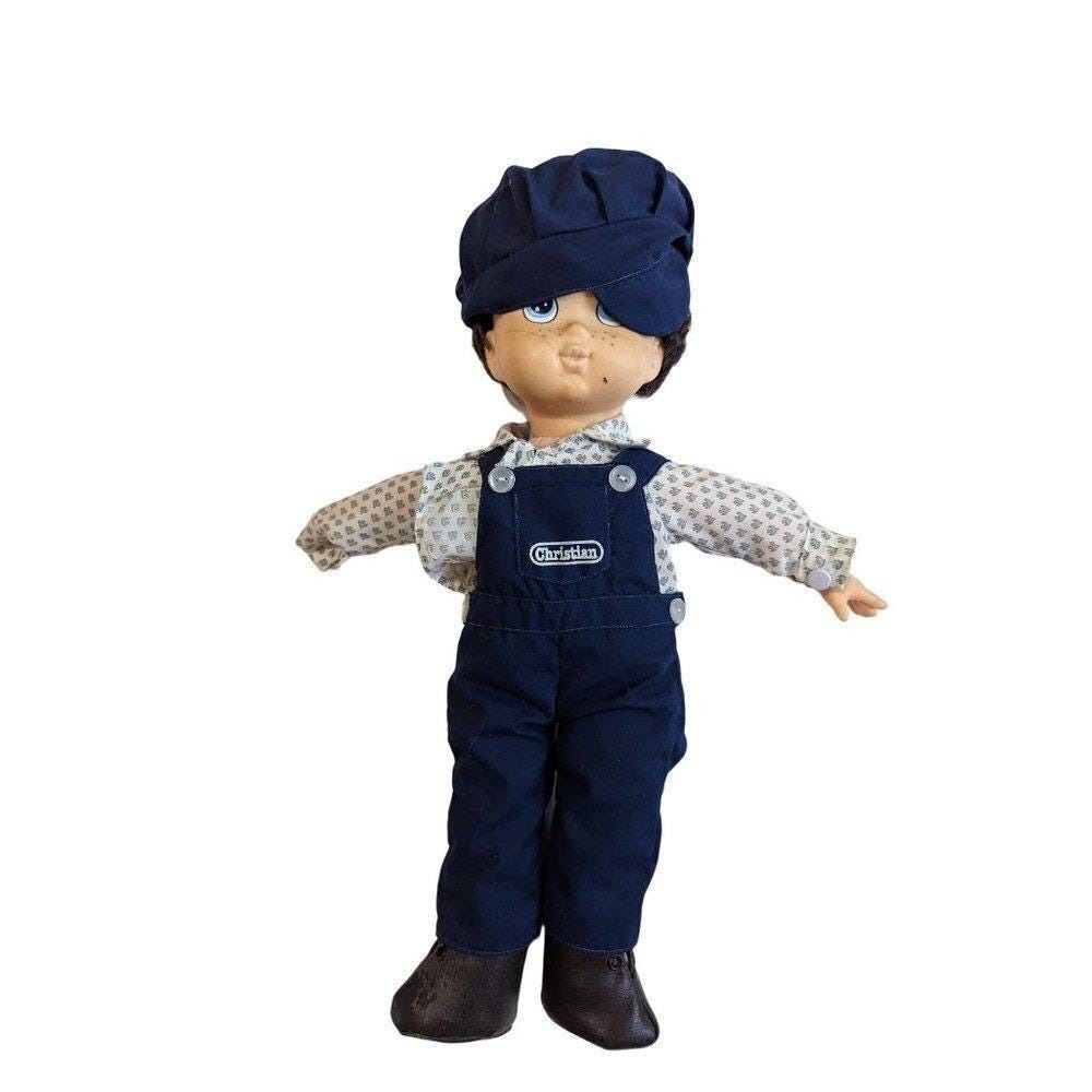 Vintage Praise Unlimited Inc Christian Boy Doll Navy Overalls‎ Newsboy Cap 1980s